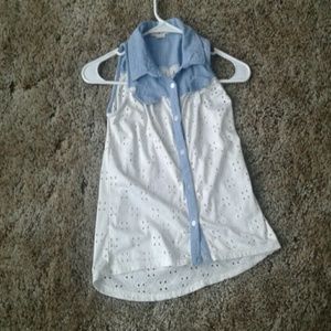 White with blue jean button up